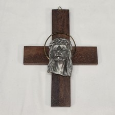 Vintage Walnut 3D Pewter Wood Cross Jesus Head Wall Crucifix Religious Decor picture