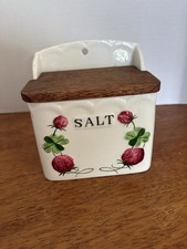 Vintage/ Ceramic Wall Mount Salt Box /Hand Painted /Floral Wood Lid/ Kitchen picture