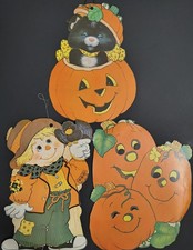 Vtg 3 Pumpkin ,Kitty, Scarecrow Die Cut Halloween Fall Hanging Decoration 2 Side picture