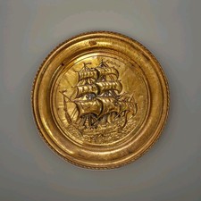 vintage mid-century repoussé brass wall hanging plate nautical sailing ship picture