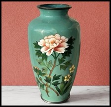 Vintage 1950s Japanese Inaba Company Cloisonne Turquoise Peony Vase w/ Paperwork picture