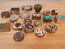lot 20 vintage pill boxes Brass Metal Mosaic Stone Coin Shell Trinket Curio Box picture