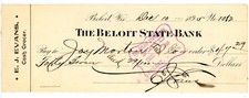 1895 Beloit State Bank Check EJ Evans Signed Grocer, to Joy Morton & Co. Stamped picture