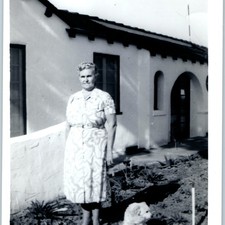 c1940s Cute White Maltese Dog Woman Spanish Revival House Snapshot Photo CA Vtg picture