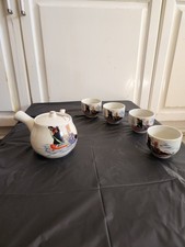 Vintage UCCO Ceramic Tea Set Teapot w/ Lid & 4 Cups White Glossy 5 oz Figural picture
