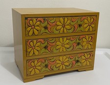 Vintage FLOWER POWER Carved Lacquer Wood Jewelry Box Hippie Boho Mid Century picture