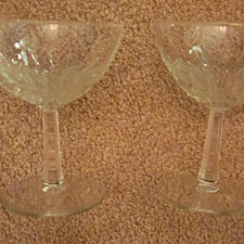 Set of 2 Clear Etched Cut Glass Stemmed Champagne Saucer/Coupe Glasses picture