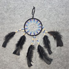 Handcrafted Blue & White Beaded Dreamcatcher with Black Feathers & Wooden Beads picture
