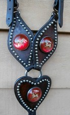 Old Antique Red Rosettes Studded Heart Center Horse Martingale picture