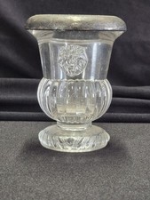 Vintage Pressed Glass Lion Head Toothpick Match Holder Silverplate Rim 3.25