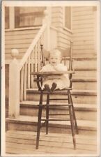 Vintage 1920s Real Photo RPPC Postcard Happy Baby in High Chair / House Porch picture