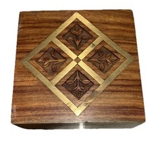 VTG Wooden Box Hand Carved Jewelry Trinket Sheesham Wood Inlay Hinged Lid picture