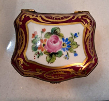 Limoges France Porcelain Hinged Trinket Box Hand Painted Red Gold Floral picture