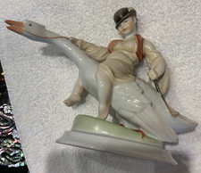 YOUNG VINTAGE BOY FROM HEREND, HUNGARY, RIDING A GOOSE, HAND PAINTED 8 1/2
