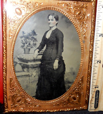 Quarter plate size Tintype of young lady in brass mat/frame picture