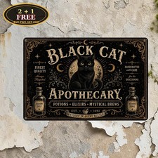 Black Cat Apothecary Fine Potions Witchy Elixirs Halloween Metal Tin Sign Plaque picture