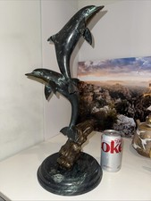 San Pacific International Duo Dolphin Sculpture Bronze Marble Base 19