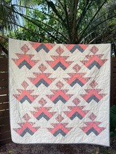 Handmade Patchwork Quilt Signed Geometric Squash Blossom Arrow Twin 76x55 Boho picture