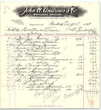 1893 Boston Grocer Billhead - John A. Andrews & Co. picture