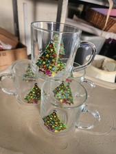 Vintage Set of 4 Action Industries Christmas Tree Clear Glass Mugs - 1985 picture