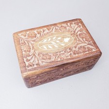 Vintage Hand Carved Sheesham Floral Inlaid Wood Trinket Jewelry Hinged Box India picture