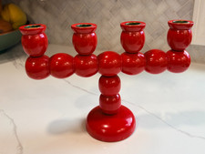 Vintage 7.5”x10” Swedish Red Wood Bobbin Candelabra Folk Art Candlestick Holder picture