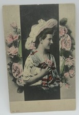 VTG Pink Roses Beautiful Woman Side Portrait Big Victorian Hat Postcard picture