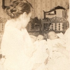 ID'd c1910s Mrs Patten Newborn Twin Sons Snapshot Photo Mother Babies Parlor Vtg picture