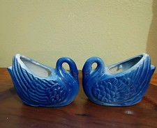 VTG Pair Swan Mini Planter Blue Glazed Pottery Stoneware Toothpick Holder Decor picture