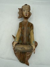 Vtg Balinese Wood Hand Carved Hand Painted Musician Idonesia  Wall Decor 10” picture