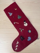 Vtg 40s 1946 Felt Wool Red Christmas Stocking Applique Bear Angel Handmade MCM picture
