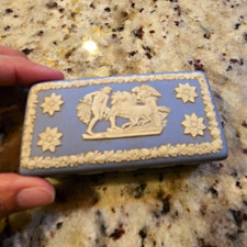 Vintage Wedgwood Blue Jasperware Horse & Chariot Trinket Jewelry Box picture