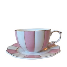 Grace Teaware Fine Porcelain Teacup & Saucer Pink White Striped Gold Accents New picture