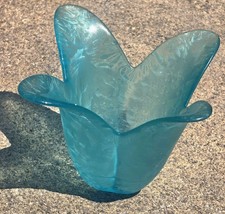 Vintage aqua blue tulip flower shape glass vase made Spain etched petal votive picture