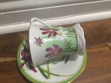 Naremoa Studio Cup and Saucer BRAIDED FOOT  AND HANDLE GREEN PURPLE FLORAL MINT picture