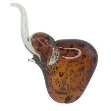 Art Glass Elephant Figurine Paperweight Trunk Up Baby Amber Brown Gold Flecks picture