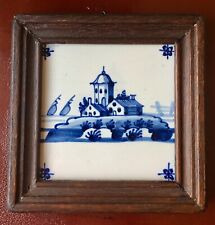 Antique Dutch Delft Blue & White Faience Tile in Carved Wood Frame picture