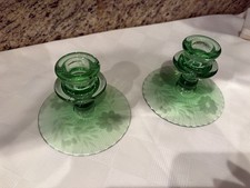 Green Depression Glass, 2 Candle Holders Uranium Glass, Vintage Etched Glass picture