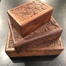 Vintage India Carved Wood Trinket Boxes Filled W/ Mixed Junk Jewelry New + Used picture