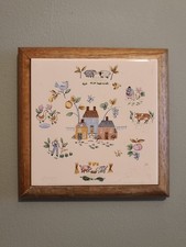 Vintage Heartland International Farm House Scene Wood Framed Ceramic Tile Trivet picture