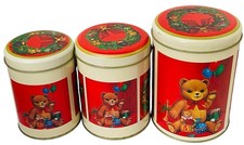 VTG TEDDY BEAR NESTING TINS CHRISTMAS CANISTERS TAIWAN 1980s SET OF 3 HOLIDAY picture