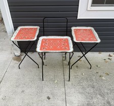 Vintage MCM 3 Piece Metal TV Tray Tables Red Floral Gold Folding Nesting Set picture