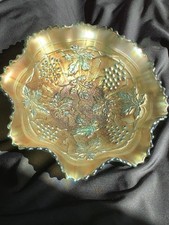 Antique Northwood Sapphire Stippled Grape and Cable 8.5” Ruffled Bowl picture