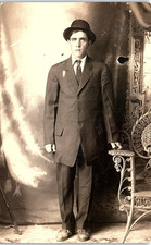 Vintage RPPC Young Man Formal Suit Hat Studio Portrait Photo Postcard picture