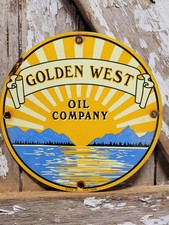 VINTAGE GOLDEN WEST PORCELAIN SIGN OLD GAS OIL COMPANY 1949 MOTOR ENGINE SUNSET picture