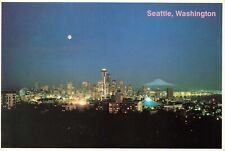 Postcard WA Seattle Skyline at Night Full Moon Space Needle Mount Rainer Skyline picture