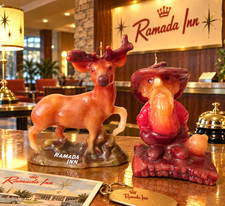 VTG 50s Ramada Inn Figural Candles Buck Deer Prospector Hotel Ad Pair VERY RARE picture