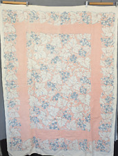 Mid Century Vintage Linen Tablecloth Pink Blue White Rectangle 62.5