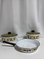 VTG Austria Email 1970s Enamel 3 Cook Pots W/ 2 Lids Fruit Cottage Granny Core picture