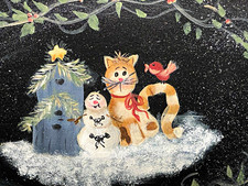 Vintage hand-painted folk art holiday tray featuring a cat and snowman scene. picture
